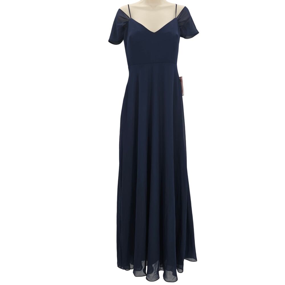 Birdy Grey Womans size S Devin Chiffon Formal Maxi Dress Gown Slit Navy Blue NEW